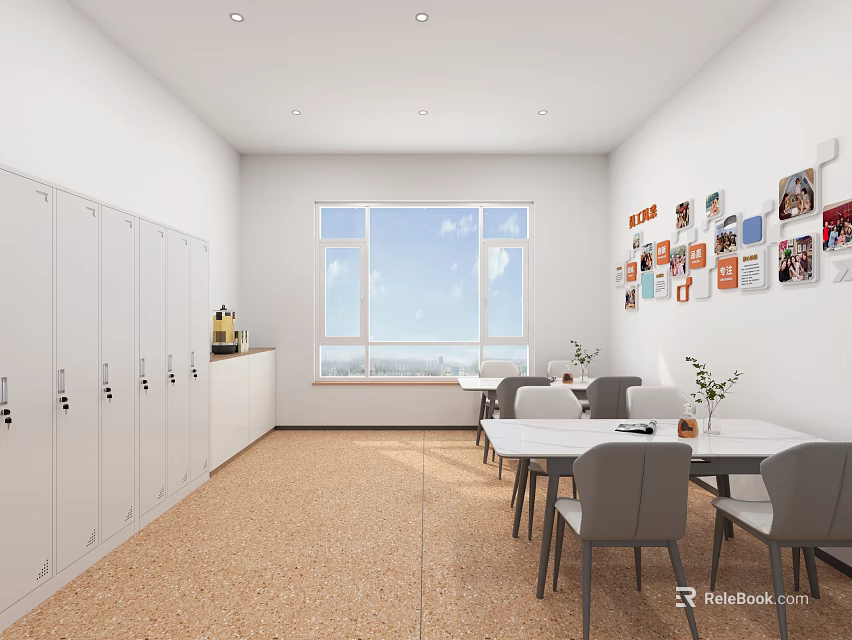 Bright Restaurant Interior With White Lockers Large Window Photo Wall White Tables And Gray Chairs 3d model 