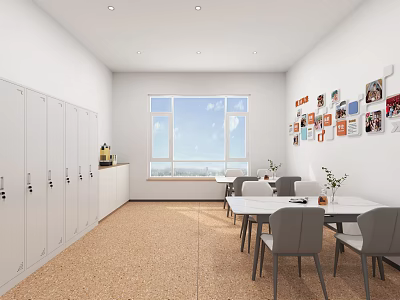 Bright Restaurant Interior With White Lockers Large Window Photo Wall White Tables And Gray Chairs 3d model