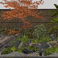 Japanese Garden Courtyard With Orange Maple Tree Bamboo Fence Stone Lanterns Moss And Gravel Paths