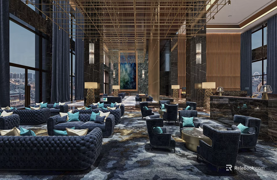 Elegant Hotel Public Lounge With Plush Sofas Armchairs Decorative Painting And Modern Lighting 3d model 