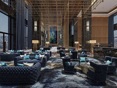 Elegant Hotel Public Lounge With Plush Sofas Armchairs Decorative Painting And Modern Lighting 3d model