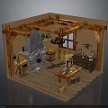 Rustic Kitchen Interior Featuring Wooden Beams Stone Fireplace Hanging Pots And Barrels
