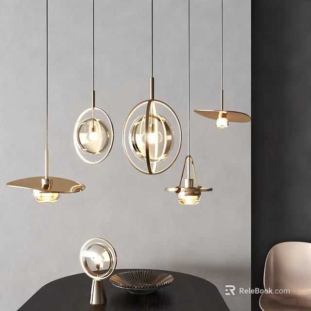 Modern Pendant Lights With Metallic Circular Designs And Transparent Bulbs For Interior Spaces 3d model 
