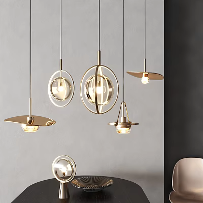 Modern Pendant Lights With Metallic Circular Designs And Transparent Bulbs For Interior Spaces 3d model
