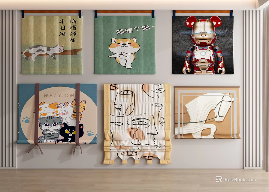 Stylish Decorative Curtains With Cartoon Cat Robot Horse And Welcome Designs For Home 3d model 