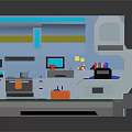 Cartoon Scene of Futuristic Workstation With Console Screen Green Floor and Orange Boxes