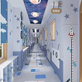 Elevator Corridor With Blue White Walls Star Cloud Rocket Decor And Height Ruler 3d model