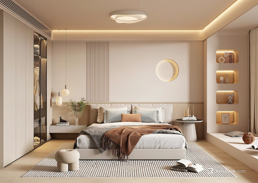 Modern Bedroom Interior Design With Bed Circular Wall Decor Built In Wardrobe And Rug 3d model 