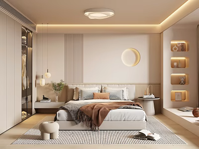 Modern Bedroom Interior Design With Bed Circular Wall Decor Built In Wardrobe And Rug 3d model
