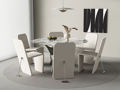 Modern Round Glass Top Dining Table Set With Four Upholstered Chairs And Abstract Wall Art 3d model