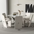 Modern Round Glass Top Dining Table Set With Four Upholstered Chairs And Abstract Wall Art