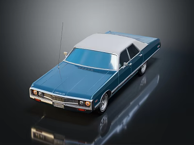 Classic Blue Sedan with White Roof Antenna and Glossy Exterior on Dark Surface 3d model