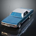 Classic Blue Sedan with White Roof Antenna and Glossy Exterior on Dark Surface