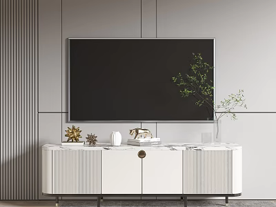 White TV Stand With Marble Top Decorative Items And TV On Gray Striped Wall 3d model