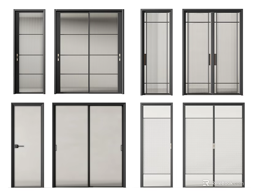 Modern Sliding Doors With Black Frames And Various Glass Panel Designs 3d model