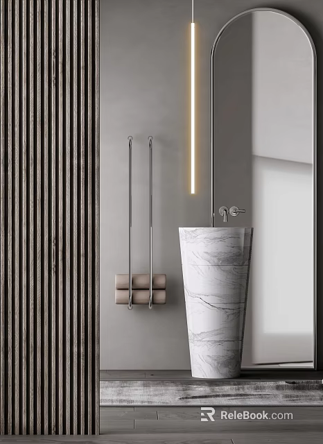 Modern Bathroom Interior Featuring Marble Washbasin Towel Rack And Gray Wall 3d model 