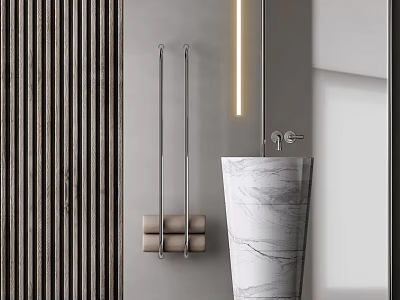 Modern Bathroom Interior Featuring Marble Washbasin Towel Rack And Gray Wall 3d model