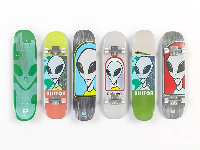 Vibrant Multiple Skateboards With Alien Graphics Visitor And Believe Text 3d model