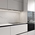 Modern Kitchen Interior Design With Gray Cabinets White Marble Countertop And Microwave