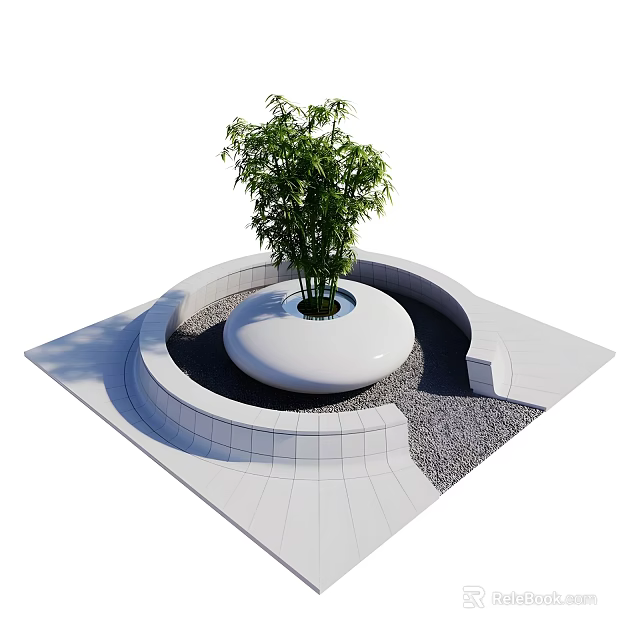 Plant Combination In Circular White Base With Stone Floor And Gravel 3d model 