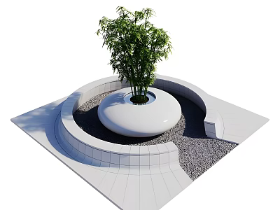 Plant Combination In Circular White Base With Stone Floor And Gravel 3d model