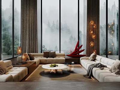 Beige Sofa And Coffee Table Set With Large Windows Misty Forest View Red Decor 3d model