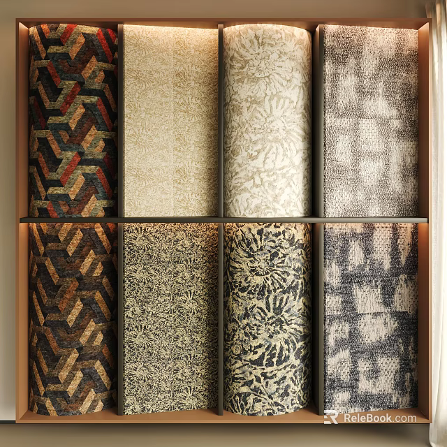 Various Colorful Patterned Fabric Samples Arranged On Display Shelf 3d model 