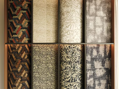 Various Colorful Patterned Fabric Samples Arranged On Display Shelf 3d model