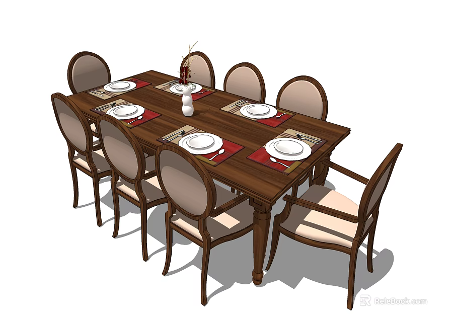 Wooden Dining Table Set With Six Round Back Chairs Light Seats And Red Placemats Vase 3d model 