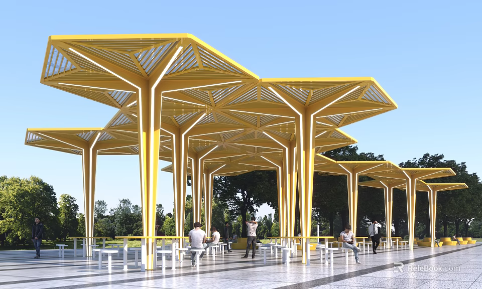Yellow Geometric Garden Canopy Structure with People Sitting Walking Among Trees and Square Pavement 3d model 