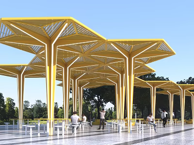 Yellow Geometric Garden Canopy Structure with People Sitting Walking Among Trees and Square Pavement 3d model