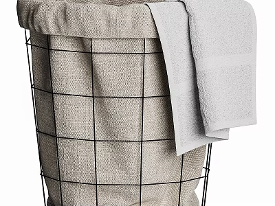 Wire Storage Basket With Linen Liner And Gray Towel For Home Use 3d model