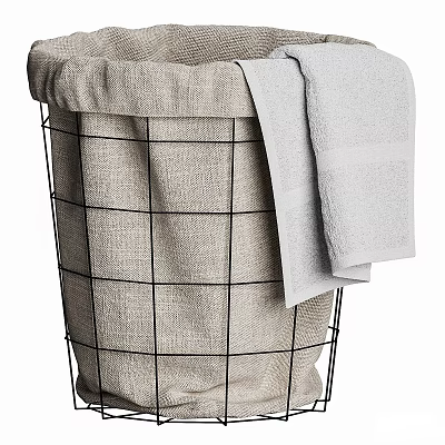Wire Storage Basket With Linen Liner And Gray Towel For Home Use 3d model