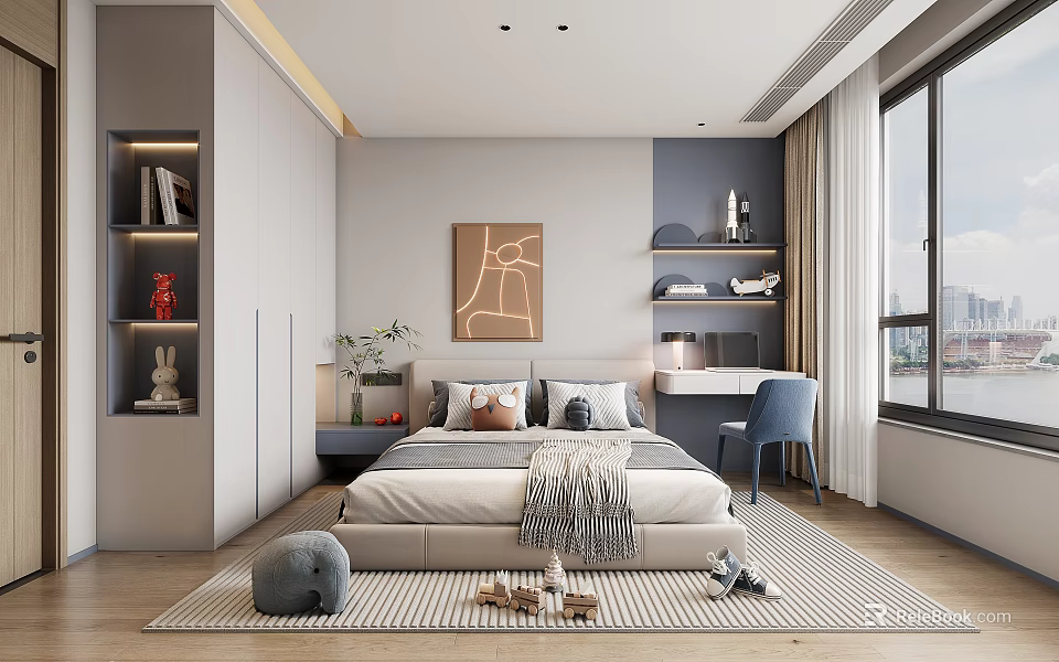 Modern Kids Room Interior With Cozy Bed Bookshelf Desk Chair Decorative Painting And Striped Rug 3d model 