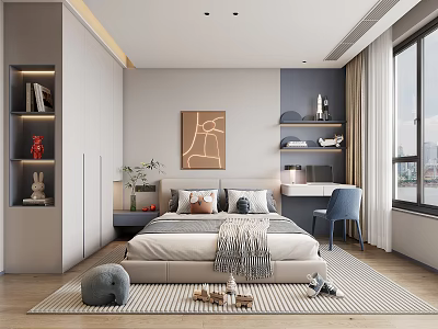 Modern Kids Room Interior With Cozy Bed Bookshelf Desk Chair Decorative Painting And Striped Rug 3d model
