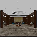 Luxurious Lobby Interior With Wooden Walls Geometric Ceiling Blue Sofas And Patterned Carpet