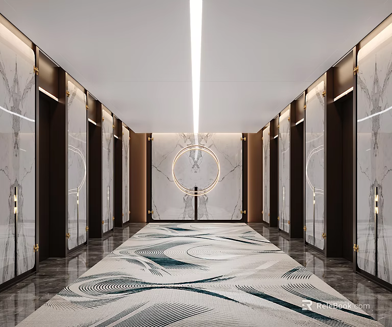 Modern Elevator Hallway Interior Design With Marble Walls Recessed Lighting And Patterned Carpet 3d model