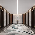Modern Elevator Hallway Interior Design With Marble Walls Recessed Lighting And Patterned Carpet 3d model