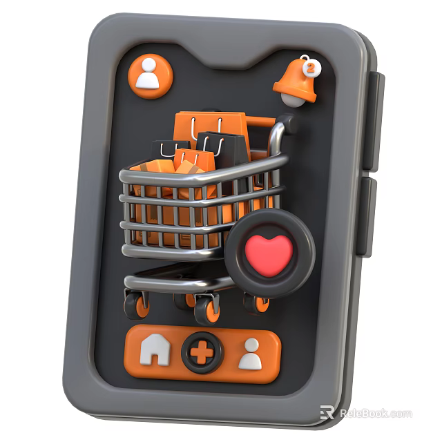 Mobile Phone Screen Showing Shopping Cart With User Notification Bell Heart Home Plus Icons 3d model 