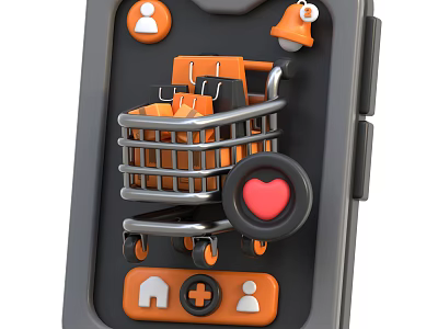 Mobile Phone Screen Showing Shopping Cart With User Notification Bell Heart Home Plus Icons 3d model