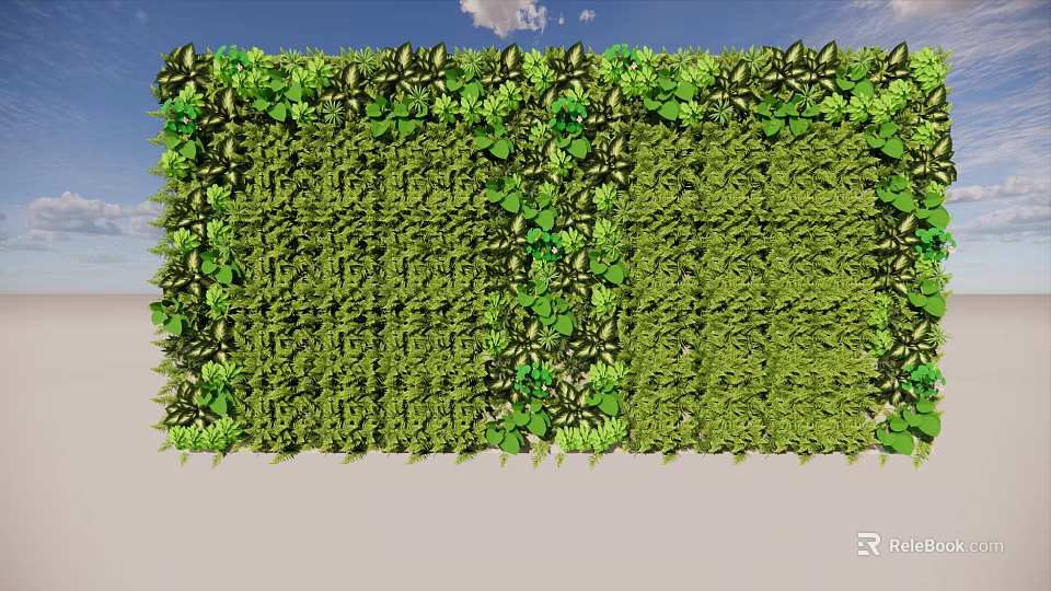 Lush Living Plant Wall With Varied Green Foliage And Clear Blue Sky 3d model 