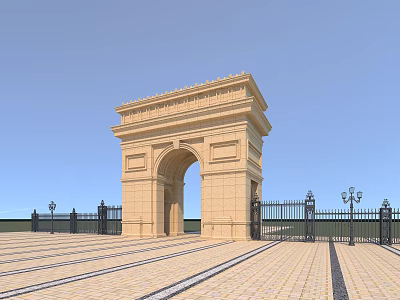 Grand Stone Entrance Gate With Arched Design And Black Fences In Paved Square 3d model