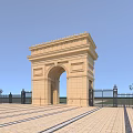 Grand Stone Entrance Gate With Arched Design And Black Fences In Paved Square