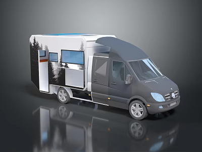 Modern Camper Van Exterior Featuring Tree Graphics And Reflective Surface Design 3d model