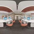 Modern Public Office Area With Multiple Computer Monitors White Desks Chairs And Plants 3d model