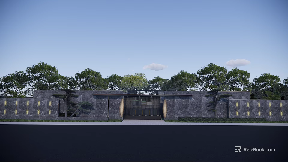 Traditional Chinese Entrance Gate With Stone Wall And Surrounding Trees And Lighting 3d model 