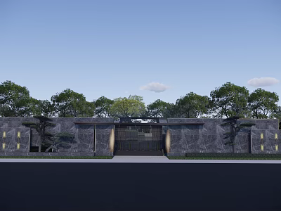 Traditional Chinese Entrance Gate With Stone Wall And Surrounding Trees And Lighting 3d model