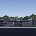 Traditional Chinese Entrance Gate With Stone Wall And Surrounding Trees And Lighting