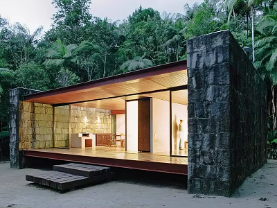 Contemporary Detached Villa With Stone Walls Large Glass Windows And Wooden Steps In Lush Forest 3d model