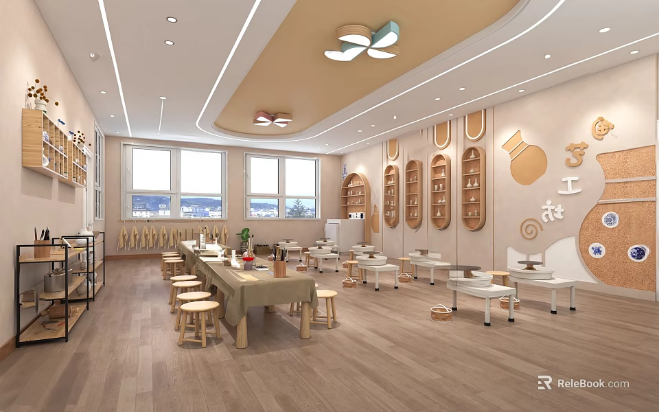 Kindergarten Interior Spacious Bright With Wooden Furniture Learning Tables Toy Shelves And Windows 3d model 